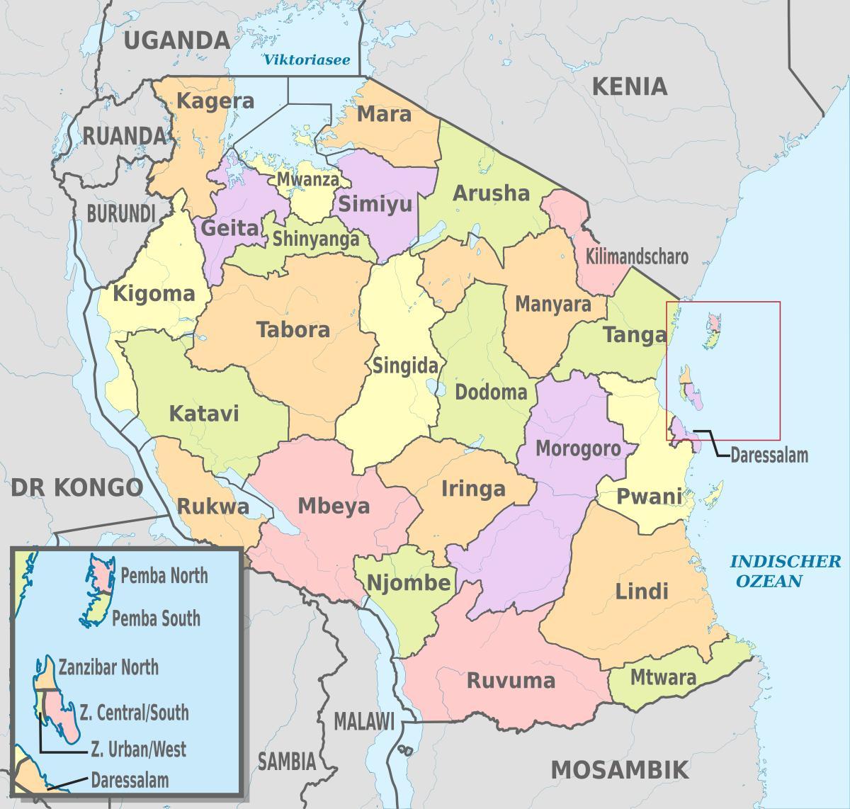 peta dari tanzania menunjukkan daerah dan kabupaten-kabupaten