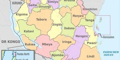 Peta dari tanzania menunjukkan daerah dan kabupaten-kabupaten